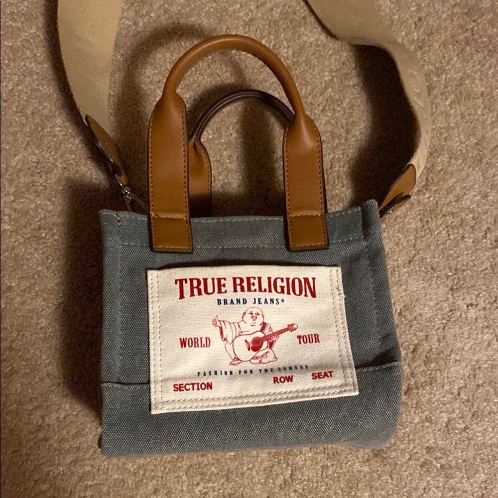 True Religion Blue and Tan Mini Tote (new w/o tags)